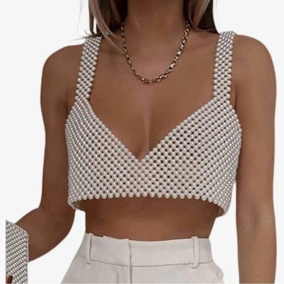 unbranded Tops - Chic Pearl-Studded White Crop Top